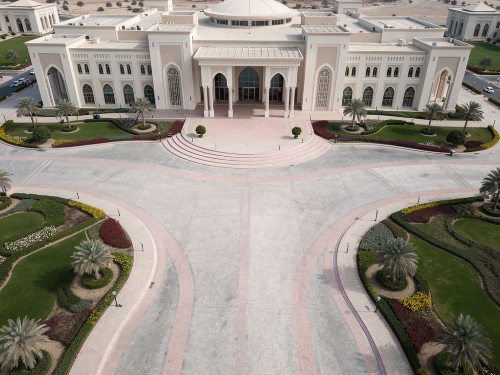 Accessible paved visitor approach leading toward a palace entrance